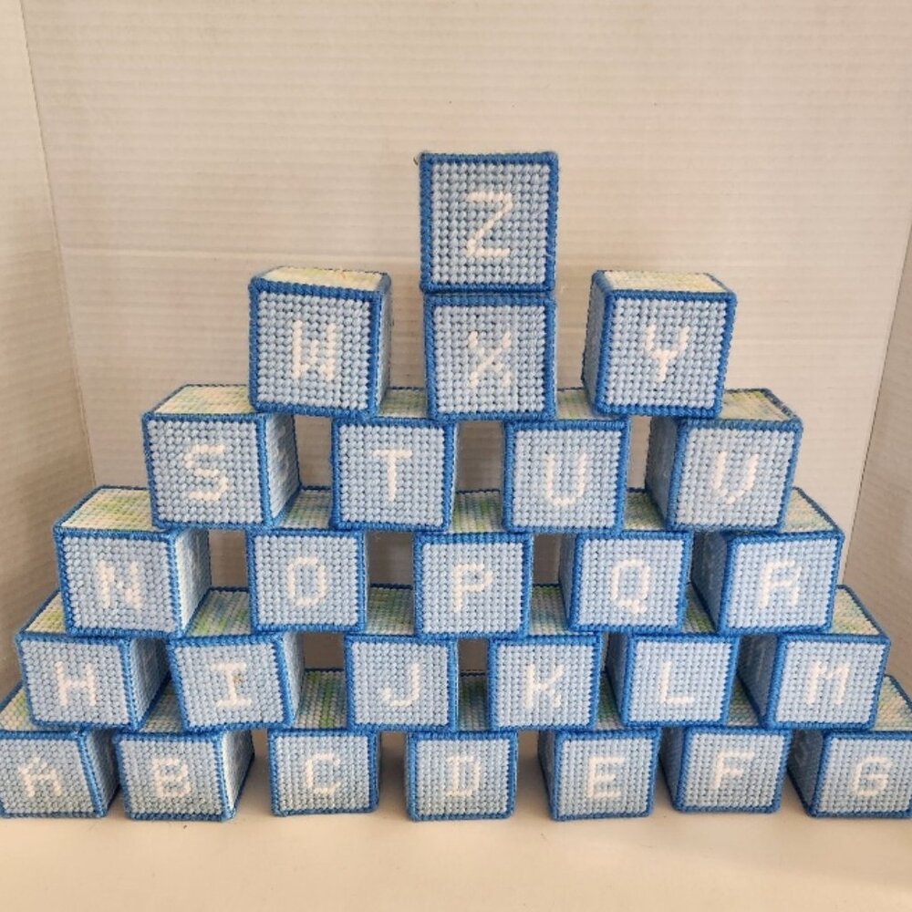 Handmade Plastic Canvas Blue/White Baby/Toddler/Child Alphabet Blocks